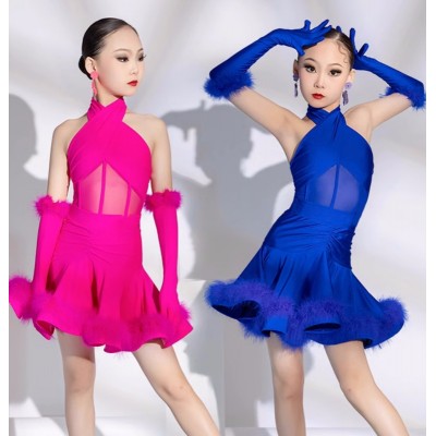 Pink lace feather competition latin dance dresses for girls kids halter neck salsa rumba chacha performance skirts for Children